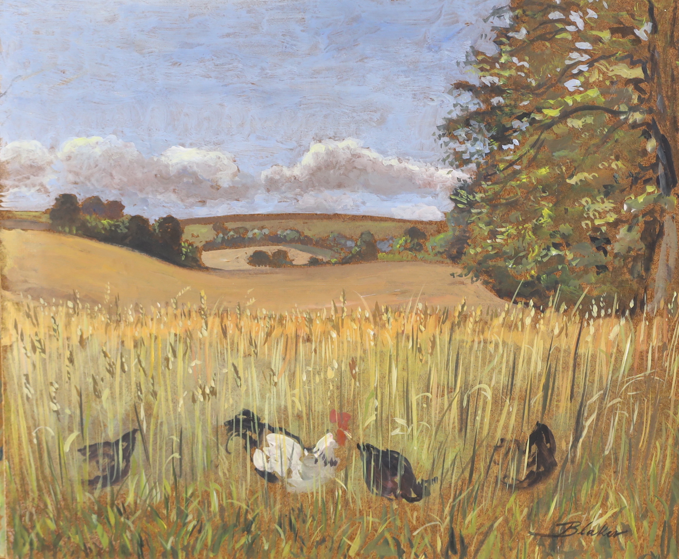 Michael John Blaker (1928-2018) two oils on board, Woodland landscape and Chickens in a field, each signed, largest 51 x 61cm, unframed